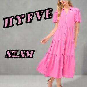 HYFVE Hot Pink Havana Style Tiered Button Front Dress Sz.Sm